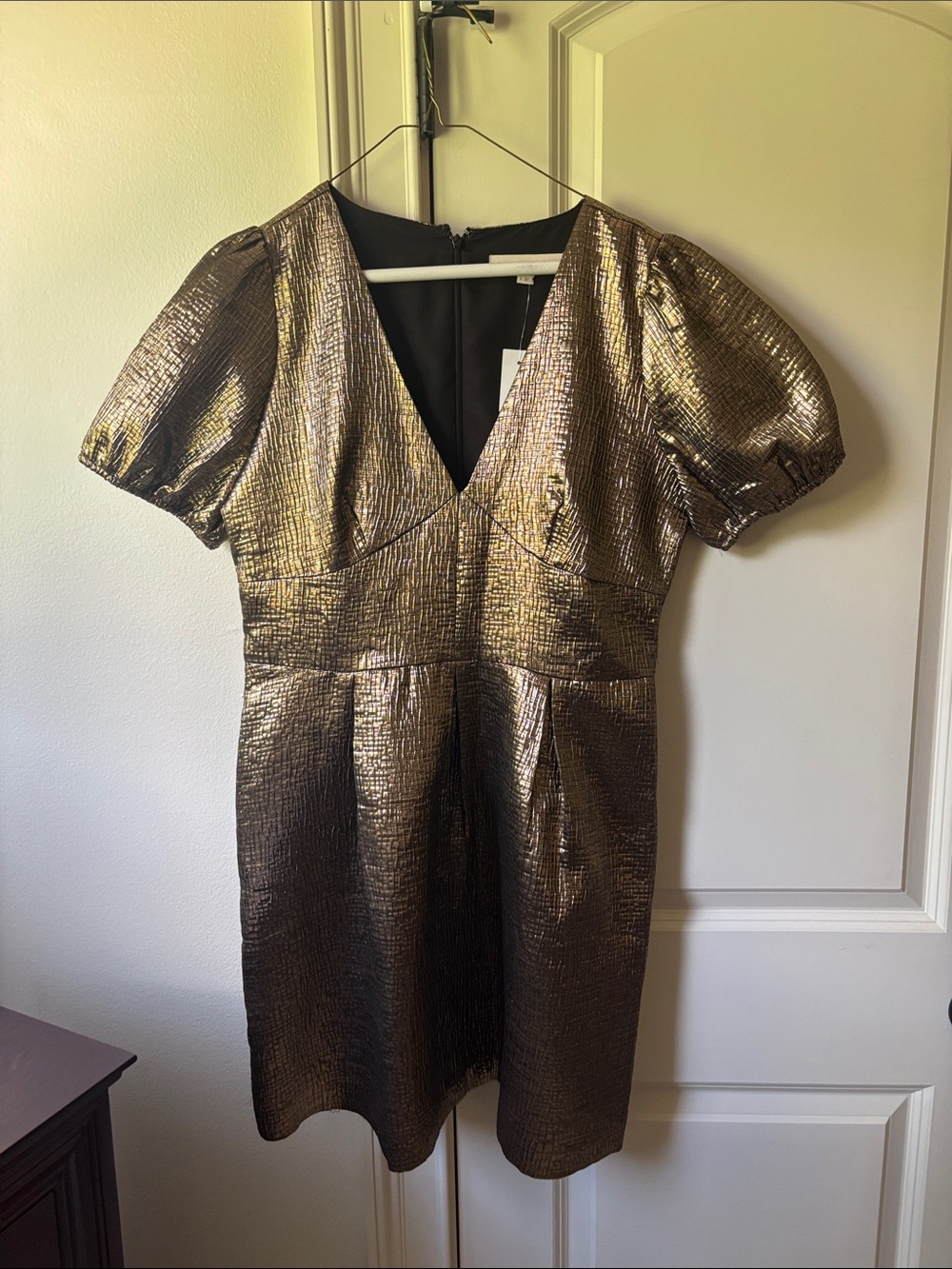 LOFT Bronze Metallic V-Neck Puff Sleeve Dress